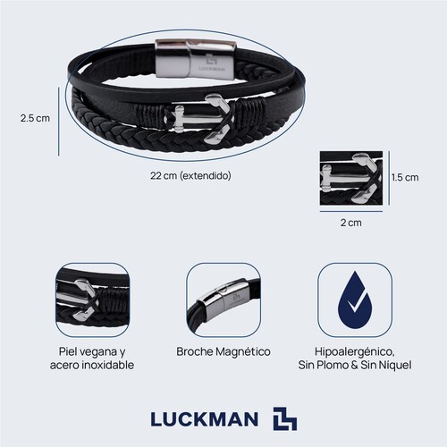 LUCKMAN Pulsera Hombre de Ancla , Brazalete de Cuero Piel Vegana y Acero Inoxidable Color Plata, Broche Magnético - Modelo Liam