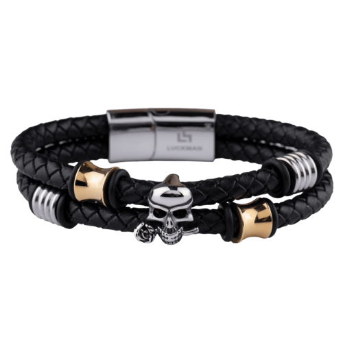 LUCKMAN Pulsera Hombre de Calavera , Acero Inoxidable con Baño de Oro 18k y Color Plata, Brazalete de Cuero Piel Vegana y Broche Magnético - Modelo Mason