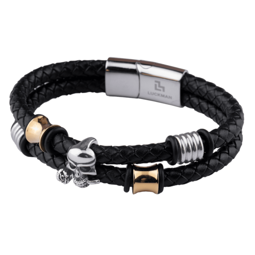 LUCKMAN Pulsera Hombre de Calavera , Acero Inoxidable con Baño de Oro 18k y Color Plata, Brazalete de Cuero Piel Vegana y Broche Magnético - Modelo Mason