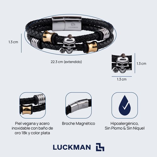 LUCKMAN Pulsera Hombre de Calavera , Acero Inoxidable con Baño de Oro 18k y Color Plata, Brazalete de Cuero Piel Vegana y Broche Magnético - Modelo Mason