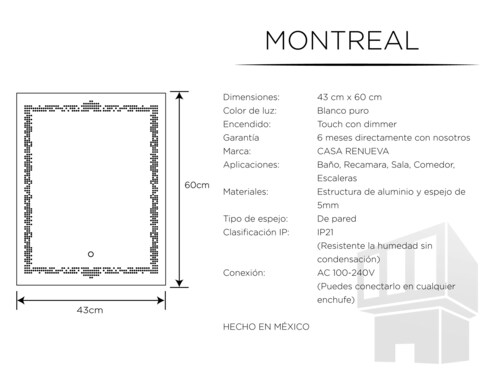 Espejo de iluminación led con apagador touch moderno, elegante ideal para baño Casa Renueva, Montreal