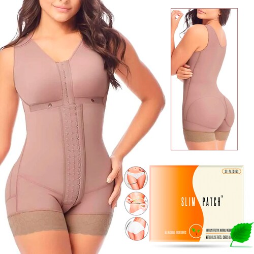 Faja Colombiana Post-Parto Realce Natural Brasier Parcialmente Removible Y De Regalo 30 Unidades De Parches Slim Patch Para Adelgazar Reductores De Celulitis