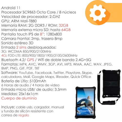 Tablet VAK 73x 8' HD 2+32gb Doble Camara sim Android 11 wifi Negro