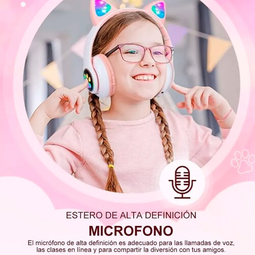 Diadema Audifonos Orejas De Gato Bluetooths 5.1 Led Ninos.