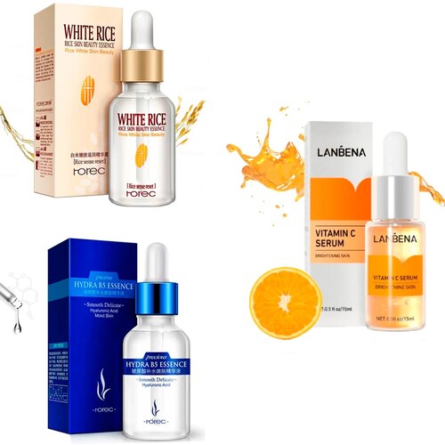 Sueros Faciales Vitamina C, Acido Hialuronico, Suero De Arroz Anti- Edad Colágeno Sueros Cuidado Facial 3 Pack