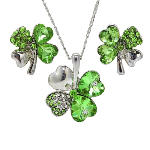 Set ADESLTEN con Cadena, Dije y Aretes Trebol Verde en Chapa de Rodio y SWAROVSKI ELEMENTS INCLUYE DE REGALO ARETES DIAMOND Y CAJA PARA REGALO