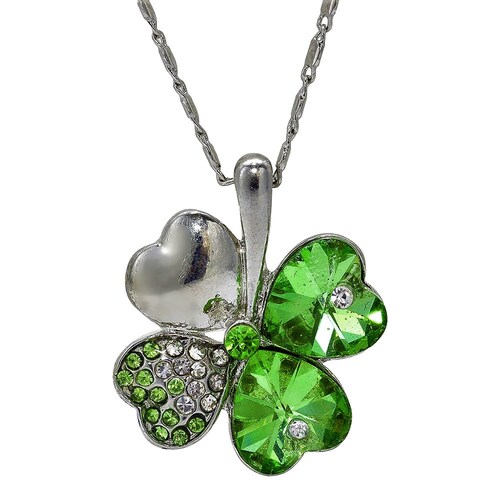 Set ADESLTEN con Cadena, Dije y Aretes Trebol Verde en Chapa de Rodio y SWAROVSKI ELEMENTS INCLUYE DE REGALO ARETES DIAMOND Y CAJA PARA REGALO
