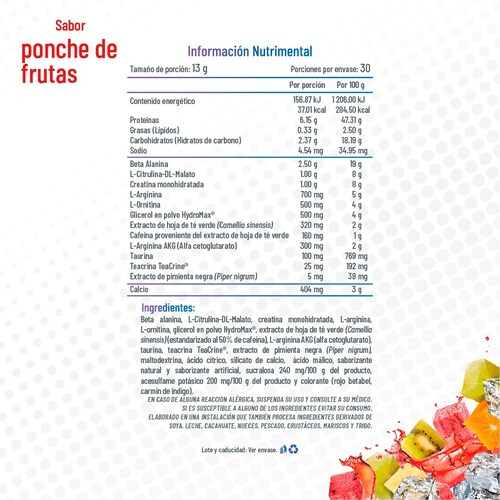 Pre entreno Fit Soul Dynamite Soul  Pre-Workout 30 servicios - Ponche de Frutas