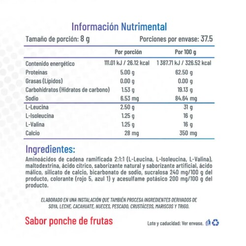 Fit Soul BCAA's 2:1:1 Aminoácidos de Cadena Ramificada Suplemento Alimenticio 300g Ponche de Frutas
