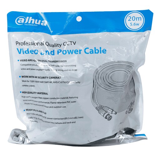 Cable de 20 Metros Armado para Video y Energí­a/ DAHUA DH-PFM942I-20-5/ Para Cámaras Hasta 4k/ con Conectores BNC y de Energía/ Uso Exterior e Interior/ Cobre de Alta Pureza/ Soporta: AHD/CVI/TVI/CVBS/