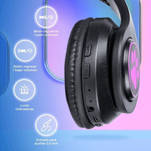 Audífonos Negro Bluetooth V5.0 Orejas De Gato Sonido Estéreo Con Luz RGB Diseño Kawaii Ajuste De Cabeza Fácil Guardado