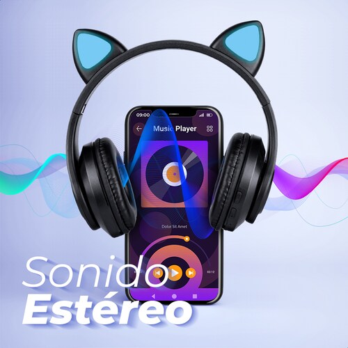Audífonos Negro Bluetooth V5.0 Orejas De Gato Sonido Estéreo Con Luz RGB Diseño Kawaii Ajuste De Cabeza Fácil Guardado