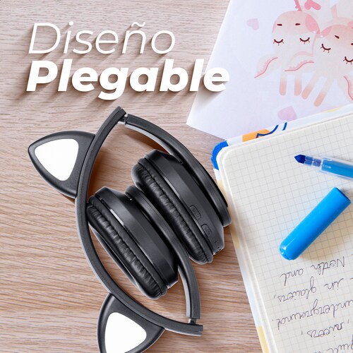Audífonos Negro Bluetooth V5.0 Orejas De Gato Sonido Estéreo Con Luz RGB Diseño Kawaii Ajuste De Cabeza Fácil Guardado