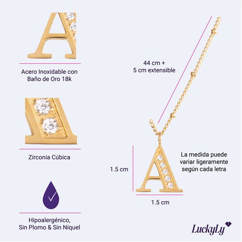 LuckyLy Collar Inicial Letra A , Collares de Mujer Acero Inoxidable Baño de Oro 18k y Zirconia Cúbica, Cadena con Dije de Inicial - Modelo Olga