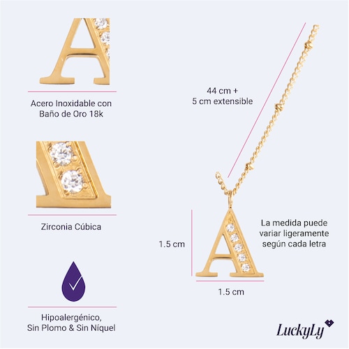 LuckyLy Collar Inicial Letra F , Collares de Mujer Acero Inoxidable Baño de Oro 18k y Zirconia Cúbica, Cadena con Dije de Inicial - Modelo Olga