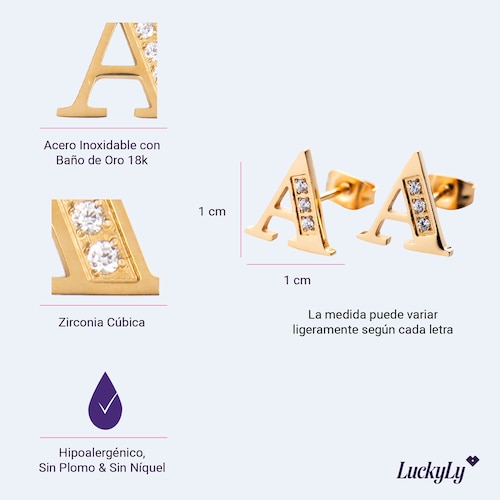LuckyLy Aretes Mujer Oro 18k de Inicial Letra F con Zirconia Cúbica , Base de Acero Inoxidable - Modelo Tina