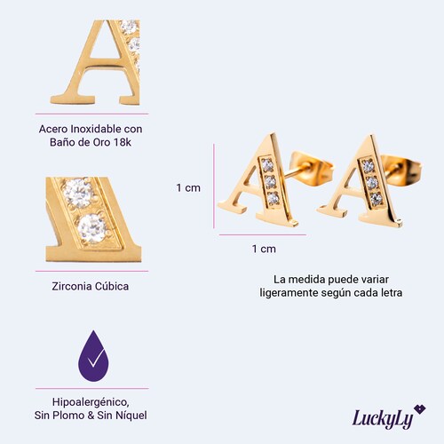 LuckyLy Aretes Mujer Oro 18k de Inicial Letra  H con Zirconia Cúbica , Base de Acero Inoxidable - Modelo Tina