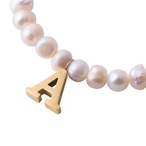 LuckyLy Pulsera Mujer de Perlas con Inicial Letra A , Brazalete con Dije de Acero Inoxidable con Baño de Oro 18k - Modelo Galia