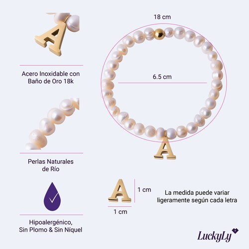 LuckyLy Pulsera Mujer de Perlas con Inicial Letra A , Brazalete con Dije de Acero Inoxidable con Baño de Oro 18k - Modelo Galia
