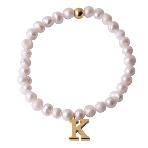LuckyLy Pulsera Mujer de Perlas con Inicial Letra K , Brazalete con Dije de Acero Inoxidable con Baño de Oro 18k - Modelo Galia