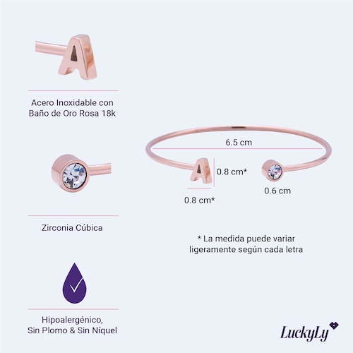 LuckyLy Pulsera para Mujer con Inicial Letra D tipo Brazalete , Acero Inoxidable con Baño de Oro Rosa 18k y Zirconia Cúbica - Modelo Sonia