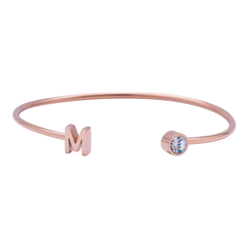 LuckyLy Pulsera para Mujer con Inicial Letra M tipo Brazalete , Acero Inoxidable con Baño de Oro Rosa 18k y Zirconia Cúbica - Modelo Sonia