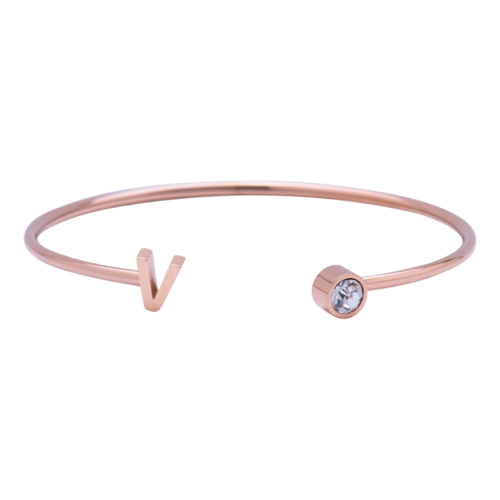 LuckyLy Pulsera para Mujer con Inicial Letra V tipo Brazalete , Acero Inoxidable con Baño de Oro Rosa 18k y Zirconia Cúbica - Modelo Sonia