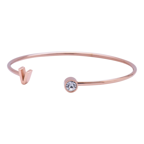 LuckyLy Pulsera para Mujer con Inicial Letra V tipo Brazalete , Acero Inoxidable con Baño de Oro Rosa 18k y Zirconia Cúbica - Modelo Sonia
