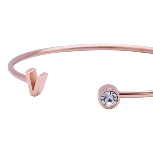 LuckyLy Pulsera para Mujer con Inicial Letra V tipo Brazalete , Acero Inoxidable con Baño de Oro Rosa 18k y Zirconia Cúbica - Modelo Sonia