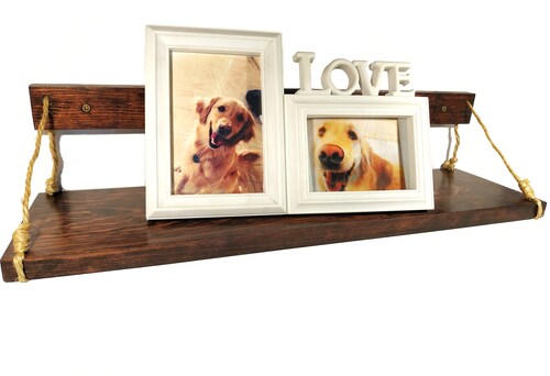 Brico Repisa Flotante de Madera Natural Solida de Pino y Cuerda de Henequen, Color Rojo Caoba