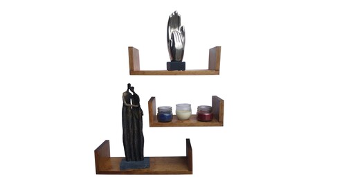 Brico, Juego de Tres Repisas Flotantes de Madera Natural Solida de Pino en Forma U, Color Early American