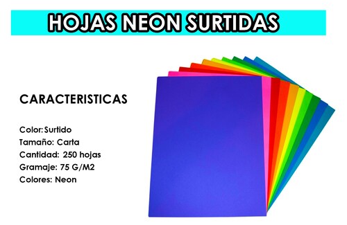 Papel 250 Hojas Bond Colores Neon Surtidos Tamaño Carta 75gr.