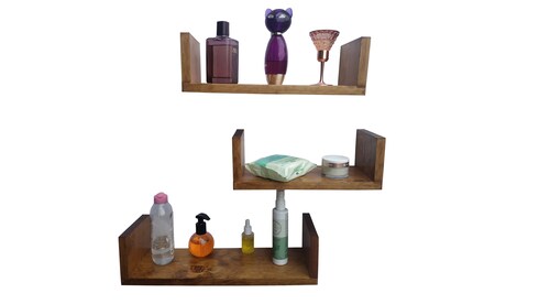 Brico, Juego de Tres Repisas Flotantes de Madera Natural Solida de Pino en Forma U, Color Early American