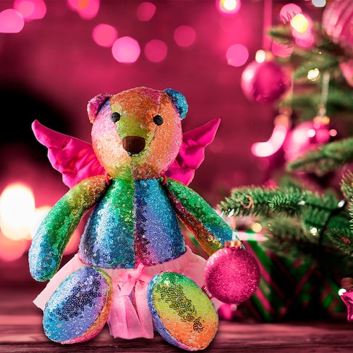 Oso Peluche de Lentejuelas - Regalo - Adorno - Decoración con alas de ángel y tutú desmontables.