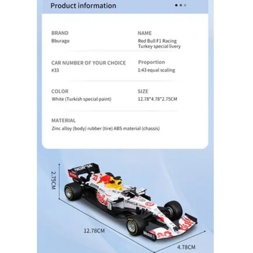 Bburago 2021 Redbull Rb16b #33 Turquía F1 Fórmula Coche 1/43.