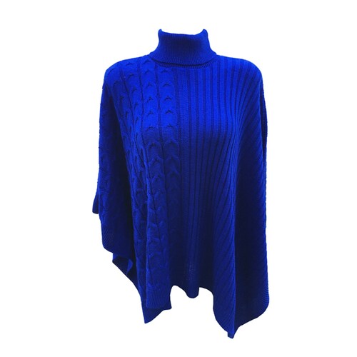 Capa Corta Cuello Alto Poncho para Dama Tela Tejida Color Azul Rey.