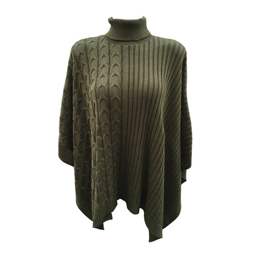 Capa Corta Cuello Alto Poncho para Dama Tela Tejida Color Verde Oliva.