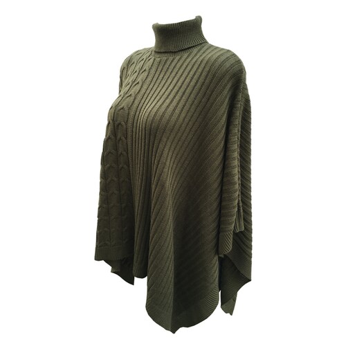 Capa Corta Cuello Alto Poncho para Dama Tela Tejida Color Verde Oliva.