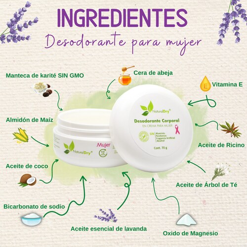 NatrualDry - 2 Desodorantes corporal en crema para mujer - Sin aluminio - Neutraliza el mal olor