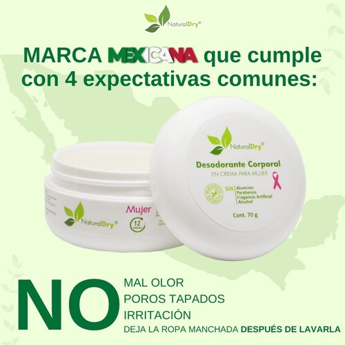 NatrualDry - 2 Desodorantes corporal en crema para mujer - Sin aluminio - Neutraliza el mal olor