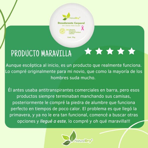 NatrualDry - 2 Desodorantes corporal en crema para mujer - Sin aluminio - Neutraliza el mal olor