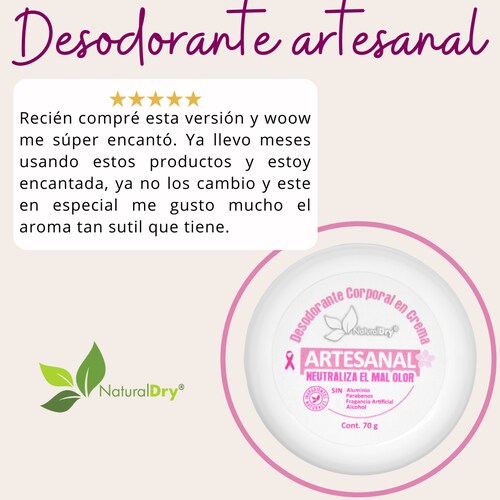 NaturalDry - 1  Desodorante corporal en crema para mujer artesanal - Sin aluminio - Neutraliza el mal olor