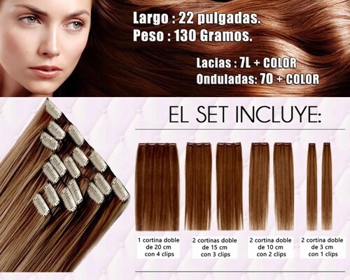 Extensiones De Cabello Sintético Set de 7 piezas con clips ONDULADA 7-6 CASTAÑO OBSCURO MEDIO
