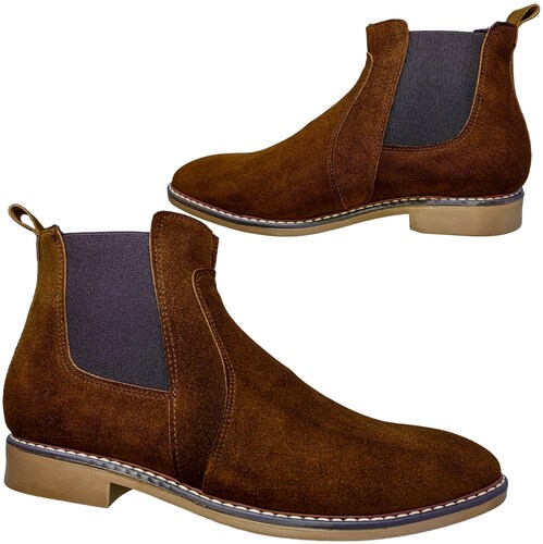 Botín Chelsea Piel Gamuza Fina Genuina Boots Elástico Punta Oval Caballero