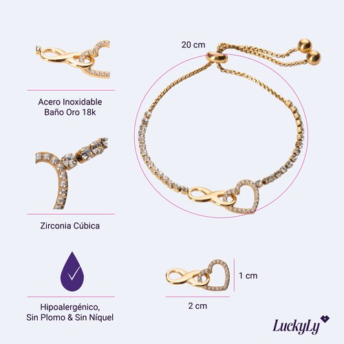 LuckyLy Pulseras Mujer con Dije de Corazón e Infinito , Brazalete de Acero Inoxidable con Baño de Oro 18k y Zirconia Cúbica - Modelo Nia.