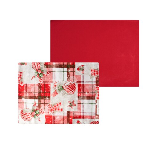 Decoración Mesa, Set de 6 Manteles individuales rectangulares para mesa, Rojo/esferas, Algodón, Doble vista, Adorno Navideño