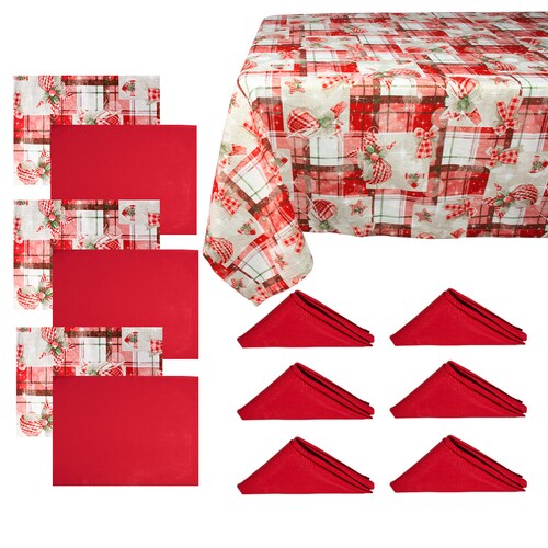 Decoración de mesa, Set Mantel de invierno rectangular para mesa, rojo/esferas, Algodón, 270 cm + 6 manteles individuales doble cara + 6 servilletas de tela, Navidad