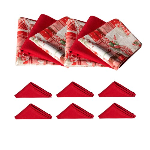 Decoración de mesa, Set Mantel de invierno rectangular para mesa, rojo/esferas, Algodón, 270 cm + 6 manteles individuales doble cara + 6 servilletas de tela, Navidad