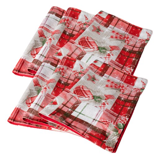 Decoración de mesa, Set Mantel de invierno rectangular para mesa, rojo/esferas, Algodón, 270 cm + 6 manteles individuales doble cara + 6 servilletas de tela, Navidad