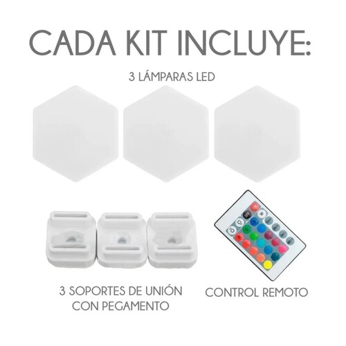 Lamparas Luz Led Touch Hexagono Multicolor Control Remoto 3 Piezas